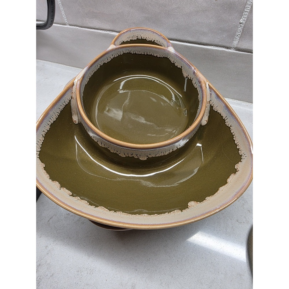 Ltd Commodities Stoneware Bowl Soup & Cracker Chip & Dip Drip Glazed Green (2)
